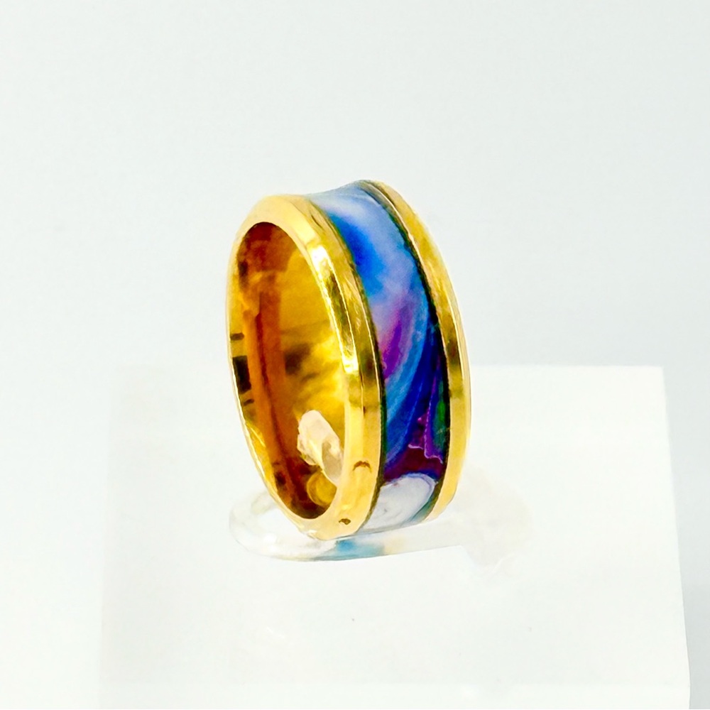 Vibrant Gold Ring with Blue Swirl size 7 #024